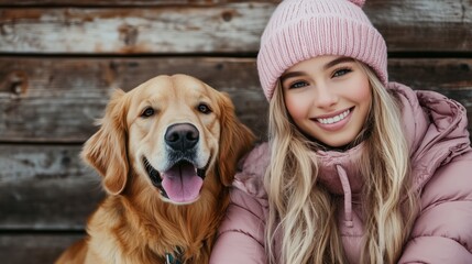 Young Woman in Pink Hat with Golden Retriever in Winter, Close-Up Portrait