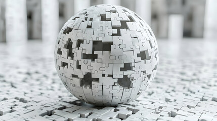 3D Policy Puzzle Sphere Icon: Interlocking Pieces in Abstract Business Space, Symbolizing Holistic Policy Making - Close-up with Camera Orbiting Complexity