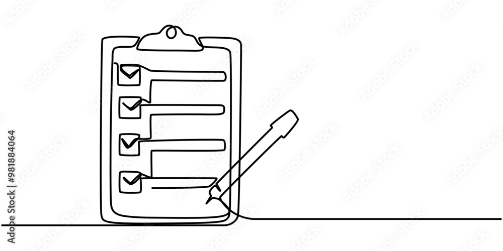 Poster clipboard with checklist and pen in one continuous line drawing. to do list with ticks and concept f