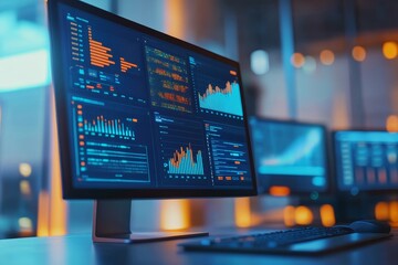 Modern computer monitor displaying financial data and charts in a dimly lit office.