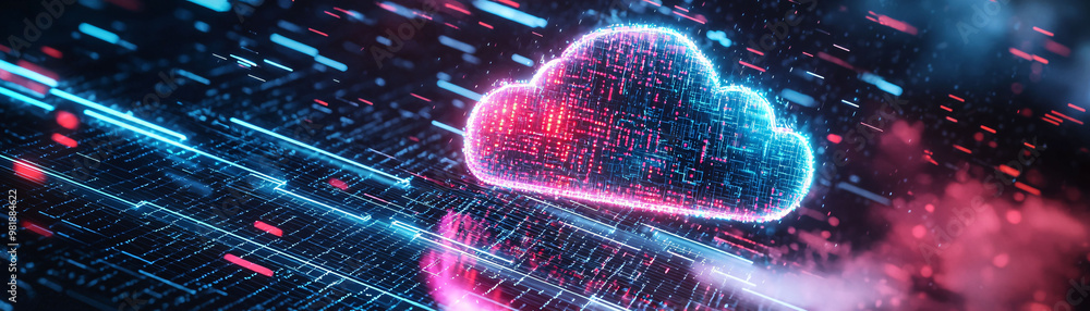 Poster a vibrant cloud graphic split open, revealing layers of encrypted data, symbolizes fusion of technol
