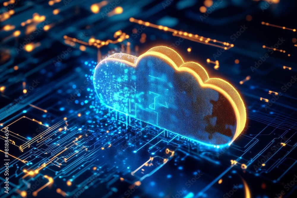 Poster a glowing cloud computing icon over a digital circuit board.