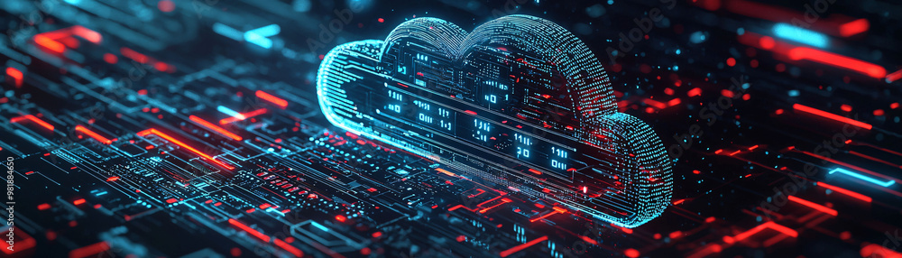Poster a digital cloud structure reveals layers of encrypted data, showcasing vibrant network of red and bl