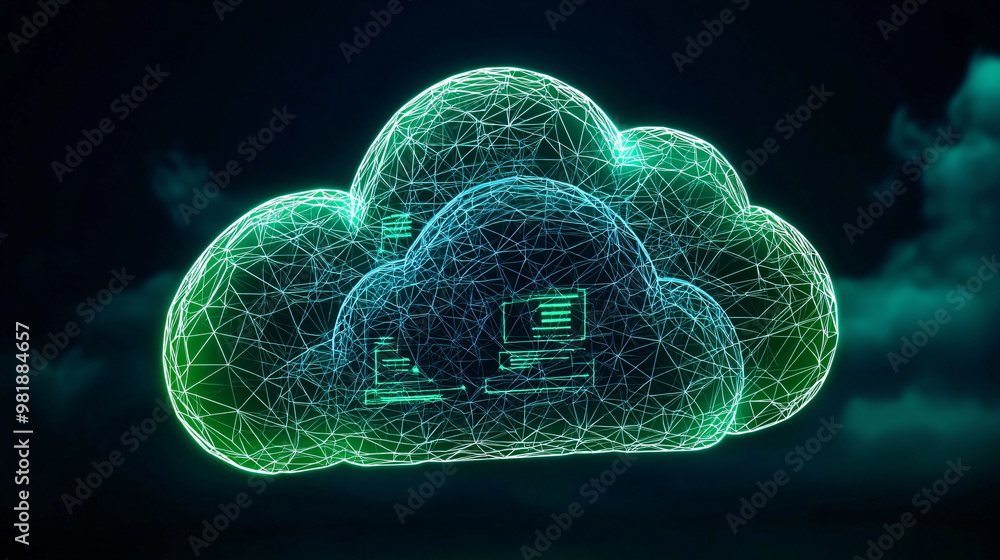 Poster a cloud shaped hologram with multiple data layers, showcasing futuristic design. this digital repres