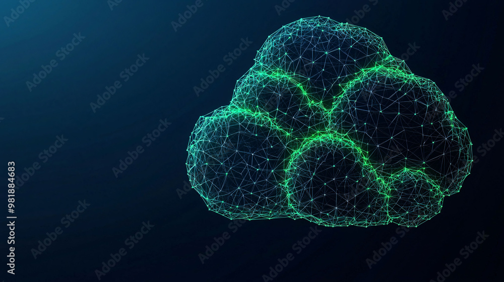 Poster a cloud shaped hologram with multiple data layers, showcasing futuristic design in digital space. in