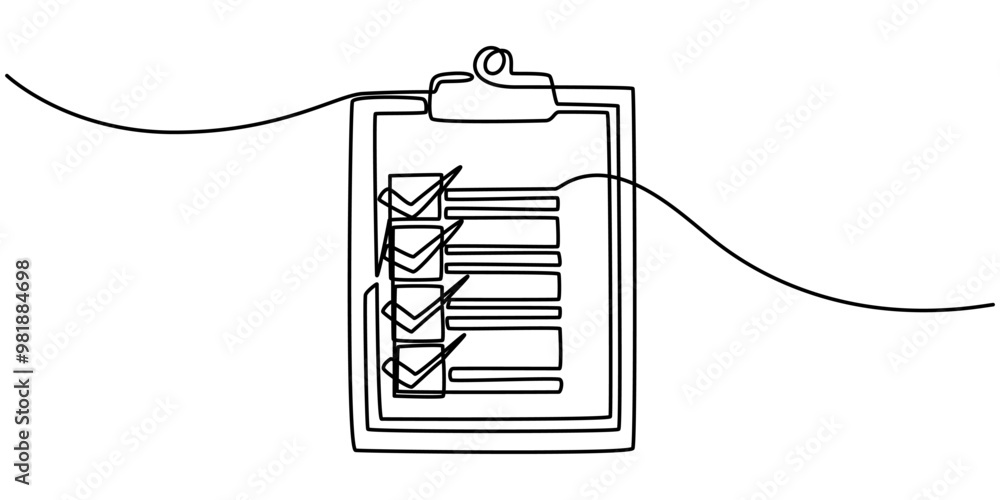 Poster clipboard with checklist and pen in one continuous line drawing. to do list with ticks and concept f