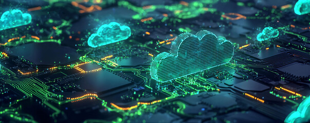 Fototapeta premium image depicts vibrant visualization of cloud infrastructure, showcasing interconnected systems with glowing clouds and circuit patterns. This representation highlights complexity and innovation in mo