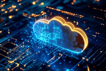 A glowing cloud computing icon over a digital circuit board.