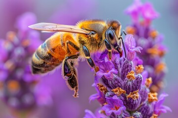 Close Up of Honey Bee on Lavender Flower