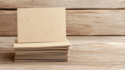 Blank recycled business cards stacked on wooden surface, showcasing eco friendly materials. Perfect for corporate branding and sustainable practices