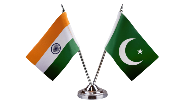 Pakistan and India flag together showing relationship of other countries isolated on white background 