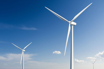 Wind turbines stand tall against clear blue sky, symbolizing renewable energy and sustainability. Their sleek design and white color create striking contrast with vibrant backdrop, evoking sense of in