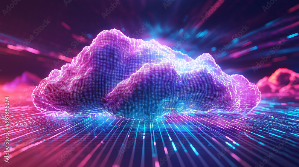 Poster digital cloud breaking apart into data streams, creating vibrant and dynamic visual experience. inte