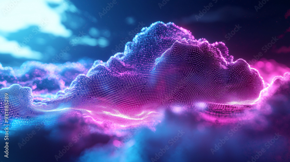 Poster Digital clouds break apart into vibrant data streams, creating mesmerizing visual effect. interplay of colors evokes sense of wonder and innovation