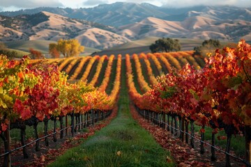 Naklejka premium Autumn Vineyard Rows with Mountain View