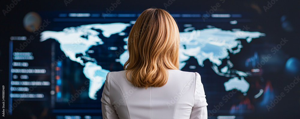 Poster a female keynote speaker stands confidently in front of digital world map, engaging with data and in