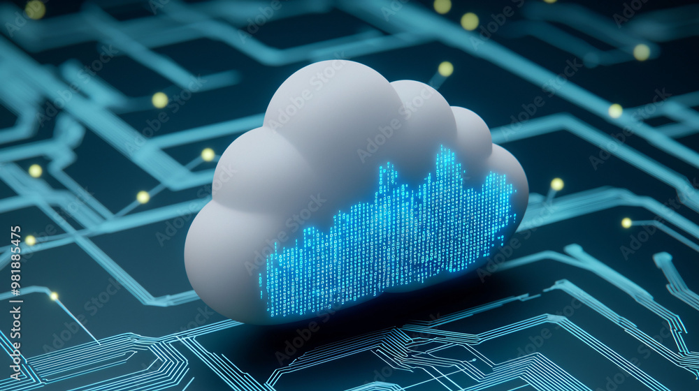 Poster a floating cloud composed of binary code is surrounded by digital circuit background, symbolizing te