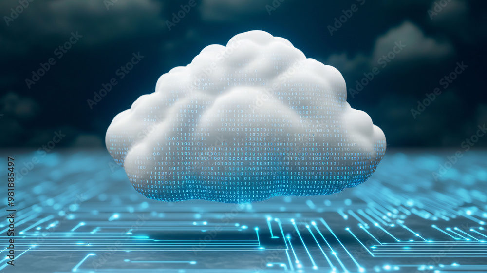 Aufkleber a floating cloud composed of binary code is surrounded by digital landscape, symbolizing fusion of t