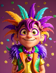 A vibrant Mardi Gras mask with colorful feathers, beads, and confetti, set against a purple and gold backdrop, perfect for a lively and festive mobile wallpaper