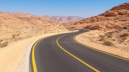 Winding Asphalt Road Through Desert Mountains Landscape