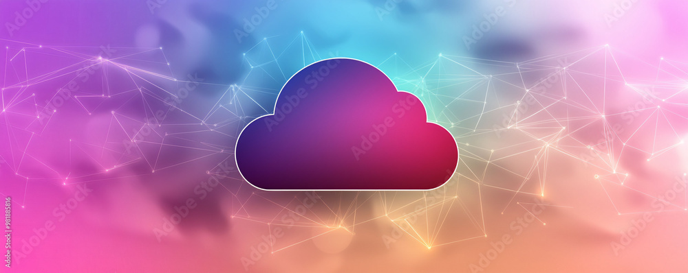 Poster a vibrant geometric cloud icon is set against colorful background filled with floating data points, 