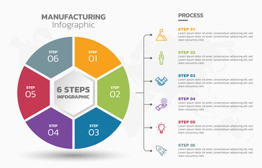 Visual data presentation. Cycle diagram with 6 options. Pie Chart Circle infographic template with 6 steps, options, parts, segments. Business concept. Marketing infographic vector illustration.