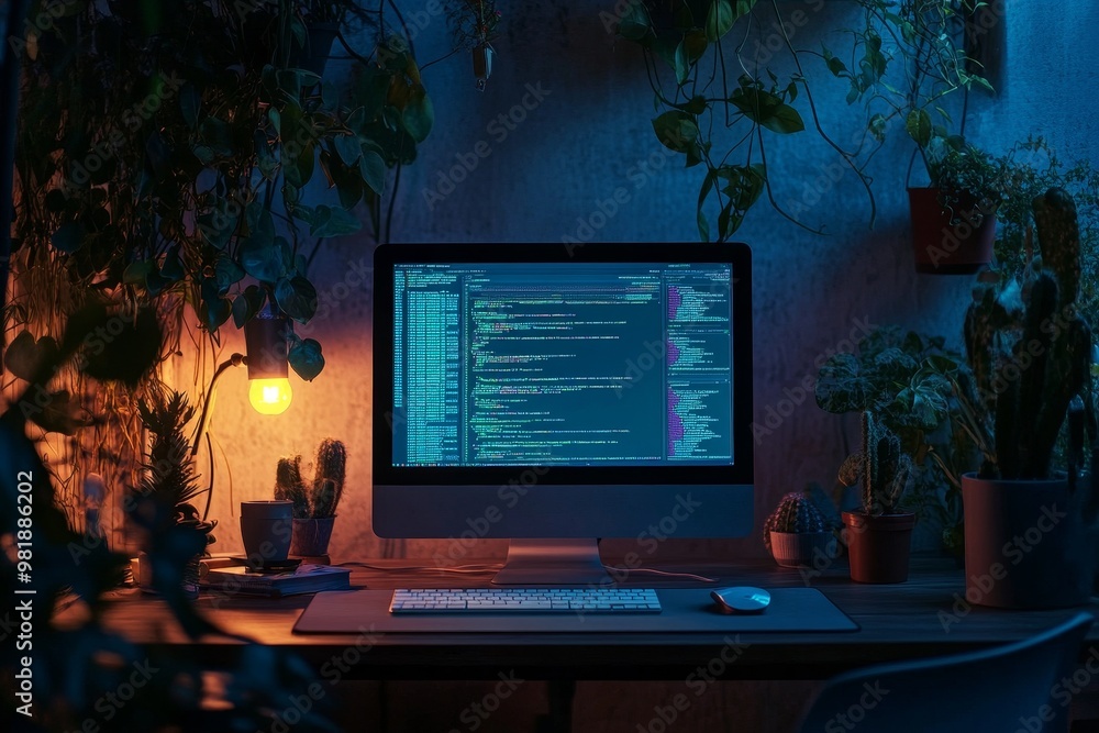 Poster computer screen with code displayed, on a desk with a keyboard, mouse, and potted plants in a dark r