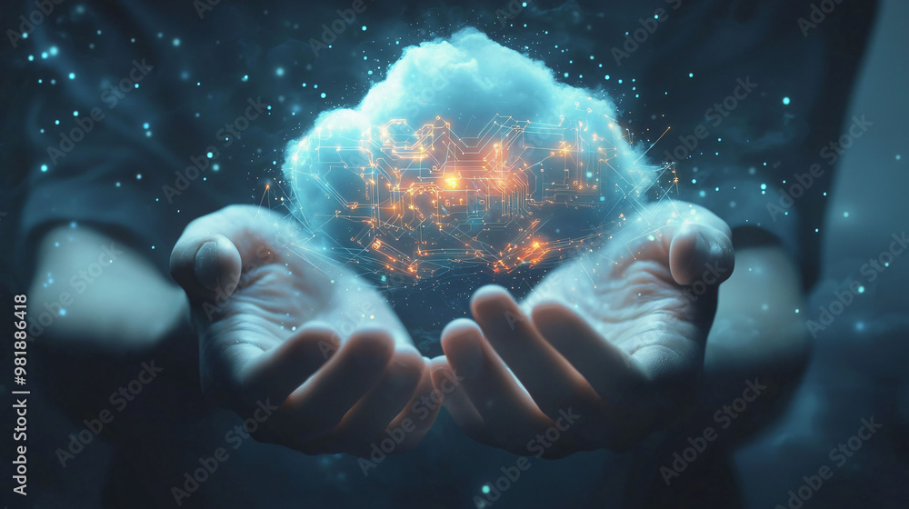 Poster hands cradling glowing cloud filled with data, symbolizing technology and innovation. this image evo