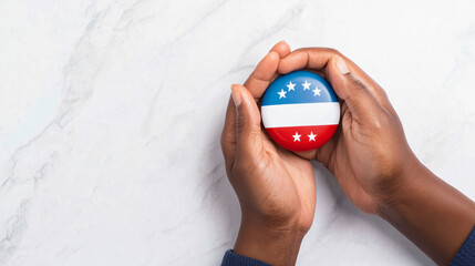 Fototapeta premium Hands holding red, white, and blue vote button symbolize civic engagement and importance of voting in democratic society. This image captures essence of participation and responsibility