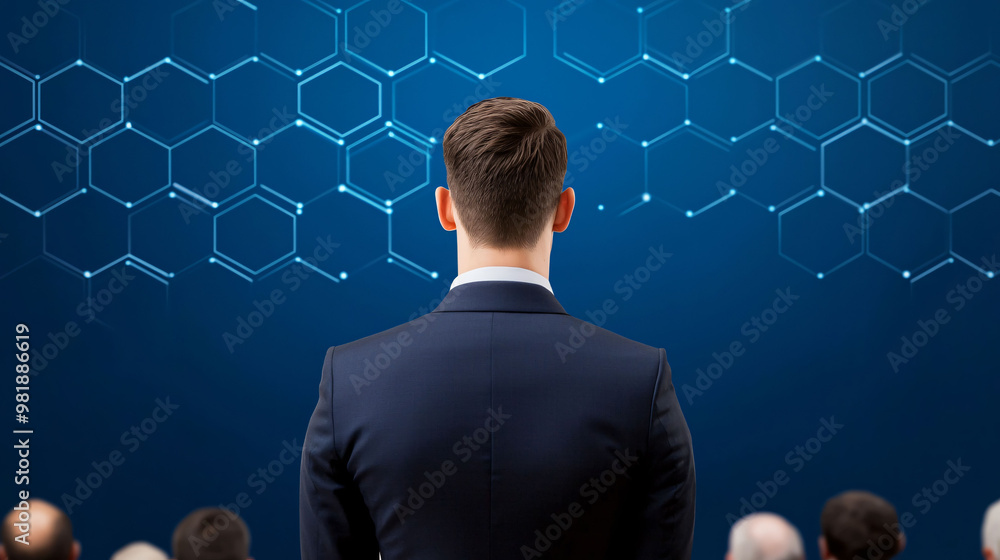 Poster a professional speaker stands confidently in front of large digital display, engaging an audience wi