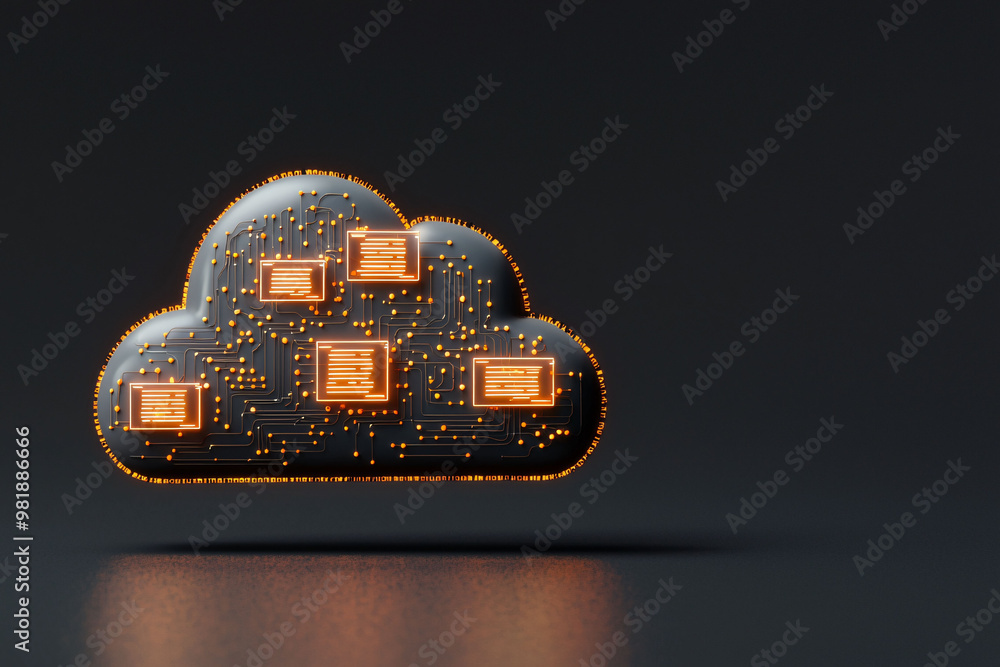 Poster a glowing metallic cloud with embedded circuits symbolizes modern technology and connectivity. this 