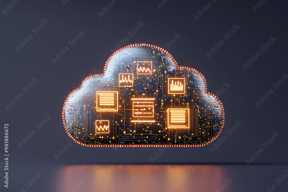 Poster a glowing metallic cloud with embedded circuits symbolizes digital connectivity and data storage. th