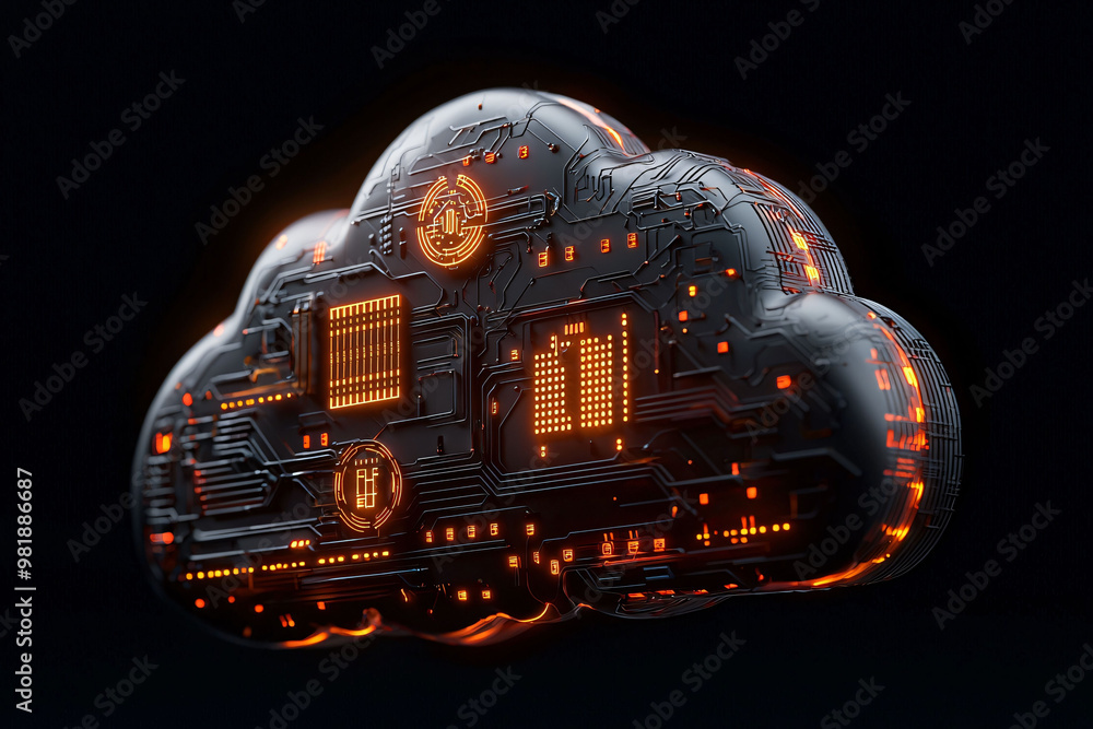 Poster a metallic cloud with embedded circuits glows with vibrant symbols, representing technology and inno