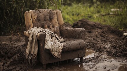 A weathered armchair stands in a muddy field, showcasing the effects of neglect and nature's elements on furniture.