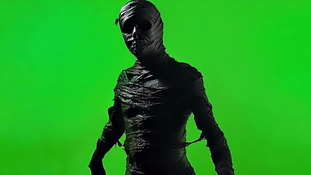 Spooky mummy poses against a green screen, perfect for adding effects. Ideal for halloween or horror projects, the undead character exudes a creepy aura