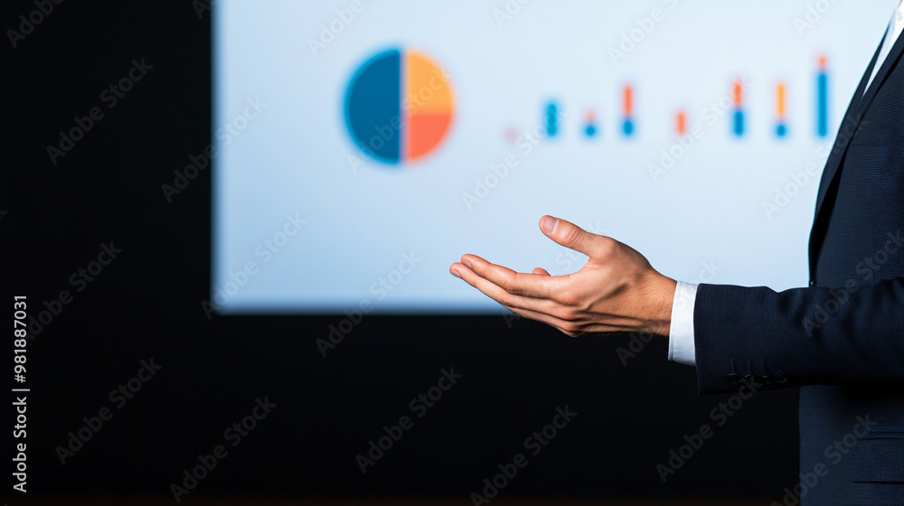 Poster a speaker gesturing with hands while presenting data on screen, showcasing pie chart and bar graph. 