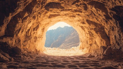 Cave Entrance with Mountain View in Desert Landscape