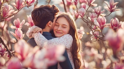 Fototapeta premium Happy boy hugging girl by magnolia tree.