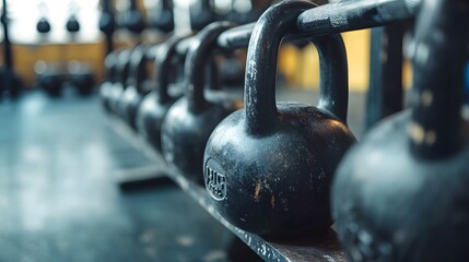 Fototapeta premium Row of kettlebells neatly stacked on a gym rack