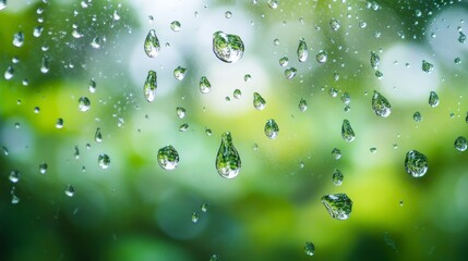 Raindrops on a Window with a Blurred Green Background