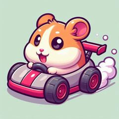 Cartoon-style hamster in a tiny race car