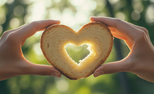 Slice of bread with a heart-shaped cutout held by two hands.