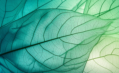A close-up of overlapping green and blue leaves with detailed veins.