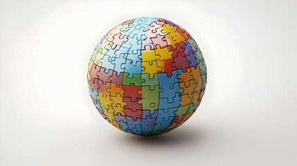 Obraz premium 3D Levitating Policy Puzzle Globe: Close-Up of Interlocking Pieces Hovering & Rotating, Revealing Global Policy Areas on Isolated White Background