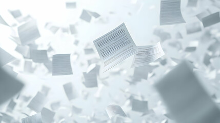 3D Gravity-Defying Ballot Papers Concept: Wide Shot of Floating Ballots Tumbling in Zero Gravity Against White Backdrop, Visualizing the Weightiness of Electoral Decisions