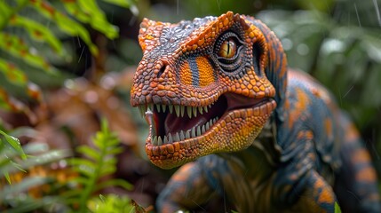 Close-up of a Velociraptor in a Lush Rainforest