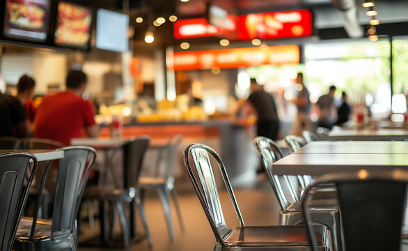 Empty chairs and table at a fast food restaurant in low light.
