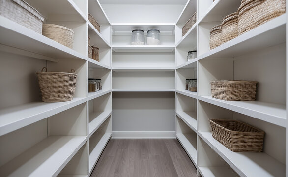 Empty modern pantry with white shelves and minimal wicker baskets.