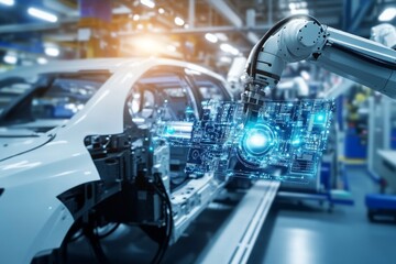 Robotic arm holding a digital blueprint over a car on an assembly line.