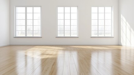 Fototapeta premium Empty Room with Three Windows and Wooden Floor